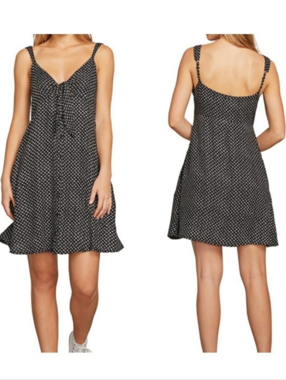Volcom Black Babydoll Knot Tie-front Cutout Mini Skater Dress, Size Small